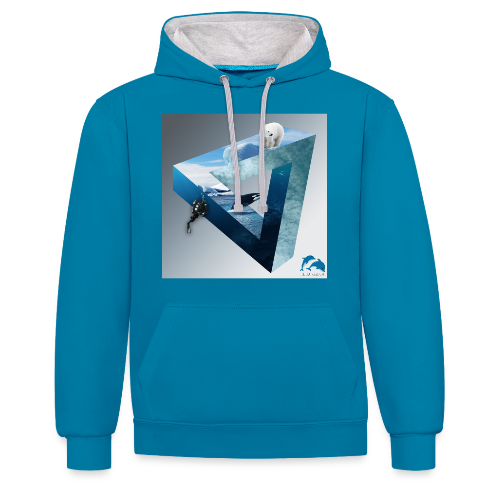 Kontrast-Hoodie - Pfauenblau/Grau meliert