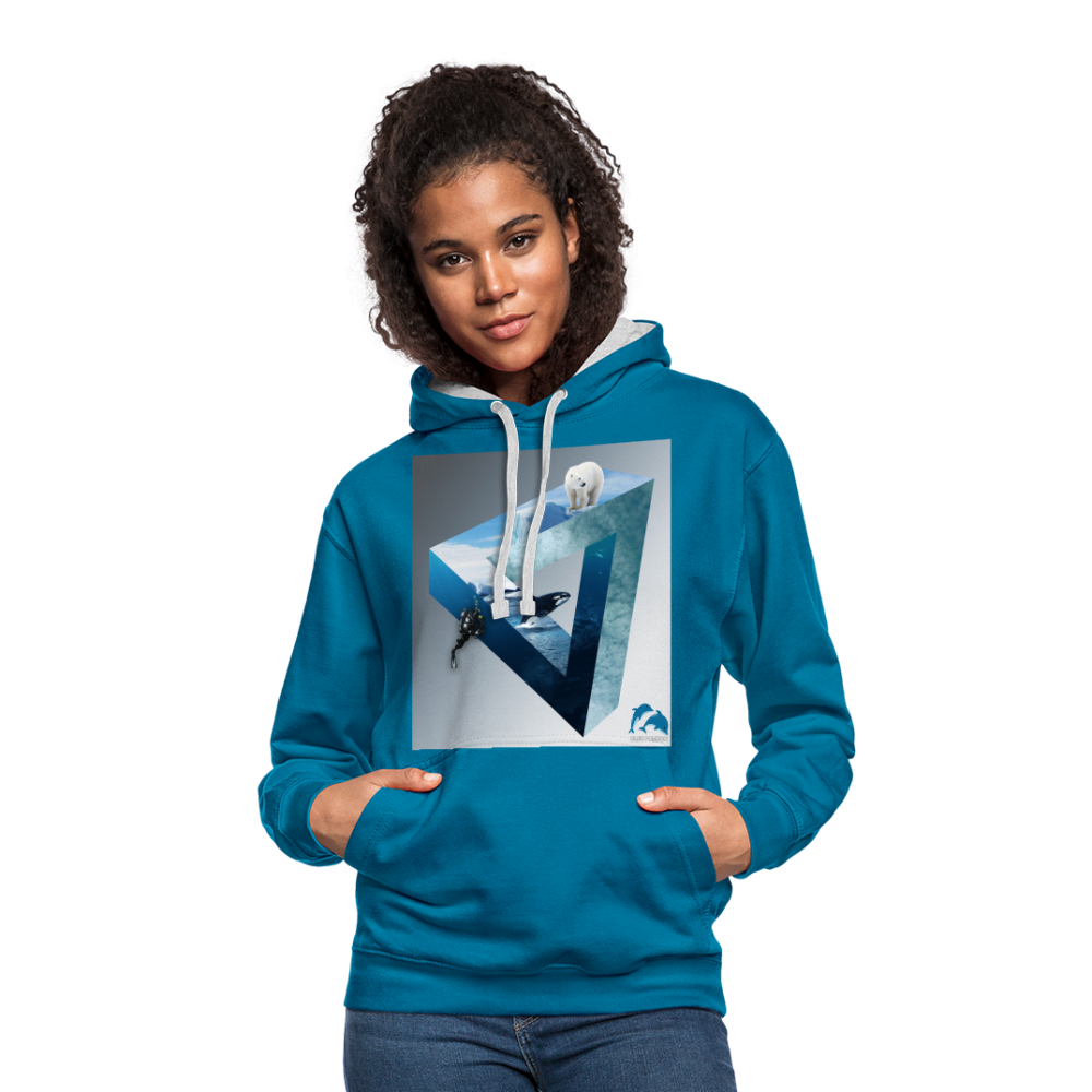 Kontrast-Hoodie - Pfauenblau/Grau meliert