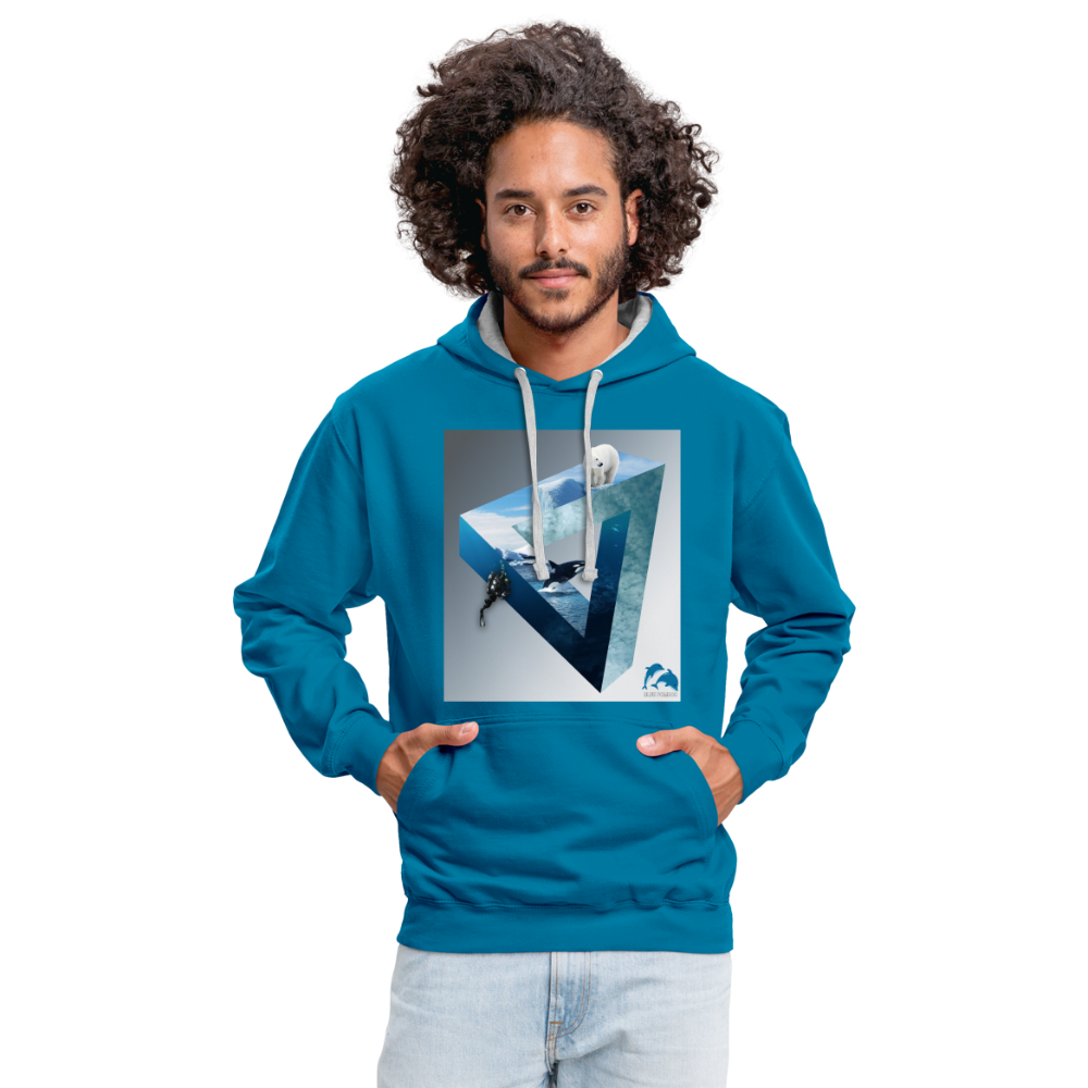 Kontrast-Hoodie - Pfauenblau/Grau meliert