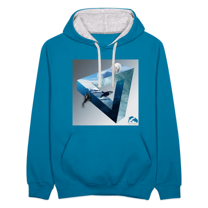 Kontrast-Hoodie - Pfauenblau/Grau meliert